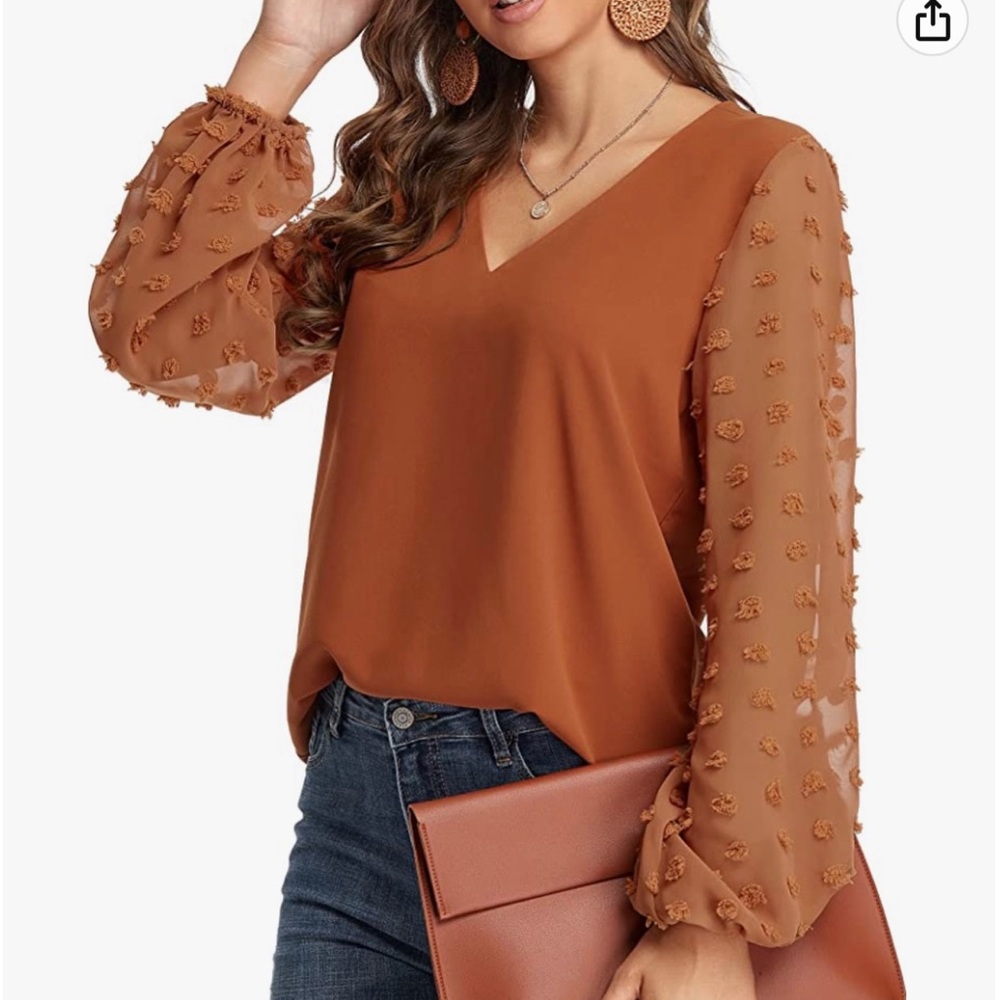 Burnt Orange Dot Top Long Lantern Sleeve V Neck Chiffon Blouse